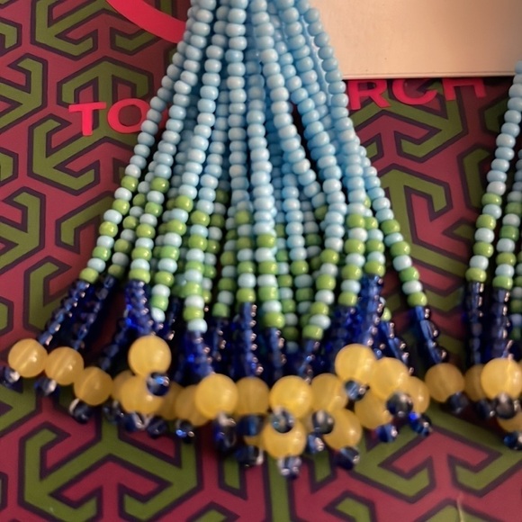 TORY BURCH ROXANNE BEADED TASSEL EARRING BLUE/YELLOW BEADS NEW WITH PACKAGE - Picture 4 of 5